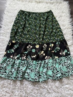 LOFT Green, Black and Mint Floral Tiered Maxi Skirt